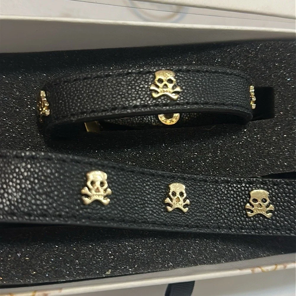 Erimish Dawg Marty Black Leather Skull Bracelet and Dog Collar Set Gold Hardware
